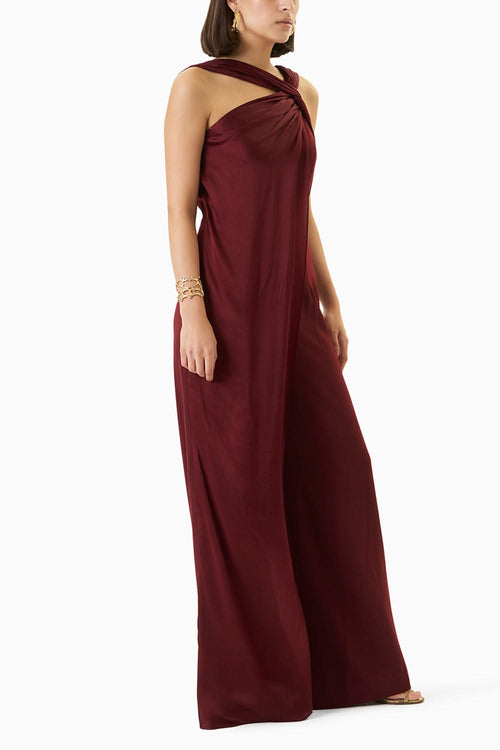 Jewel Toned Bias Twist Draped Jumpsuit