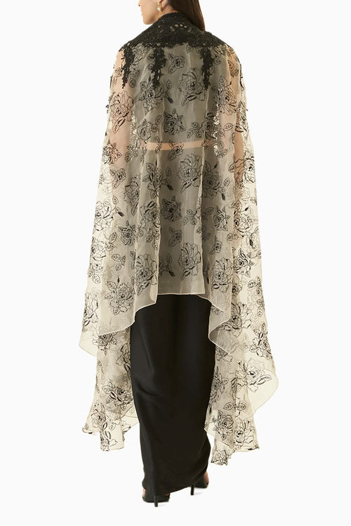 Black and Grey Embroidered Organza Cape Set