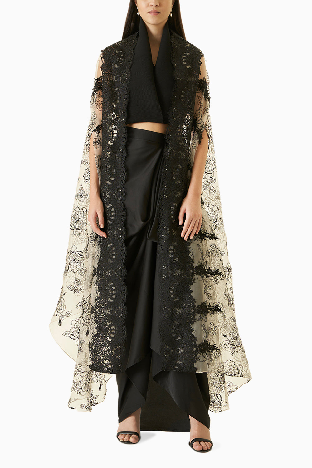 Black and Grey Embroidered Organza Cape Set