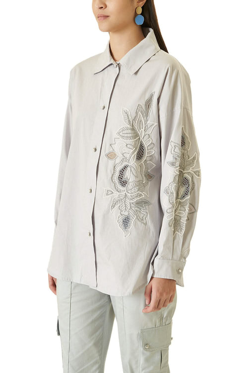 Grey Cutwork Shirt With Beads