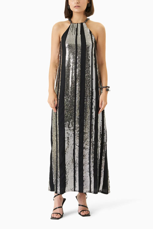 Stripe Sequin Halter Maxi