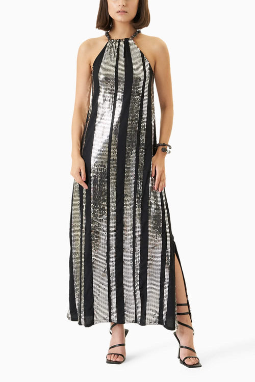 Stripe Sequin Halter Maxi