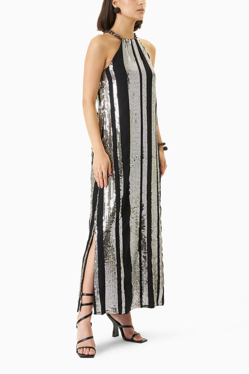Stripe Sequin Halter Maxi