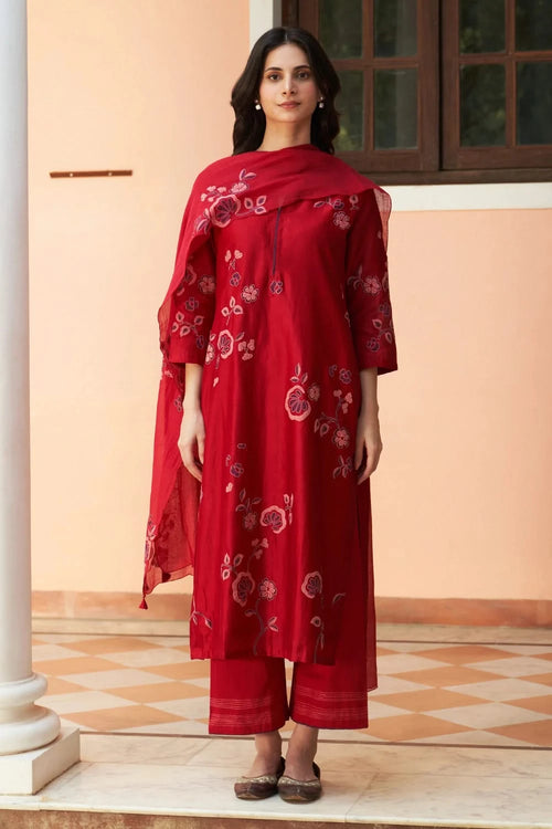 Crimson Floral Applique Kurta Set