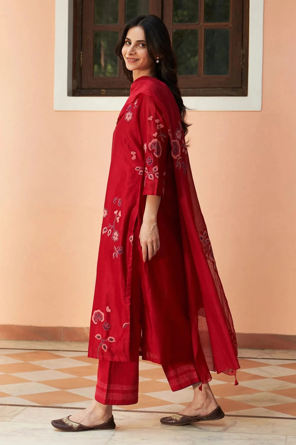 Crimson Floral Applique Kurta Set