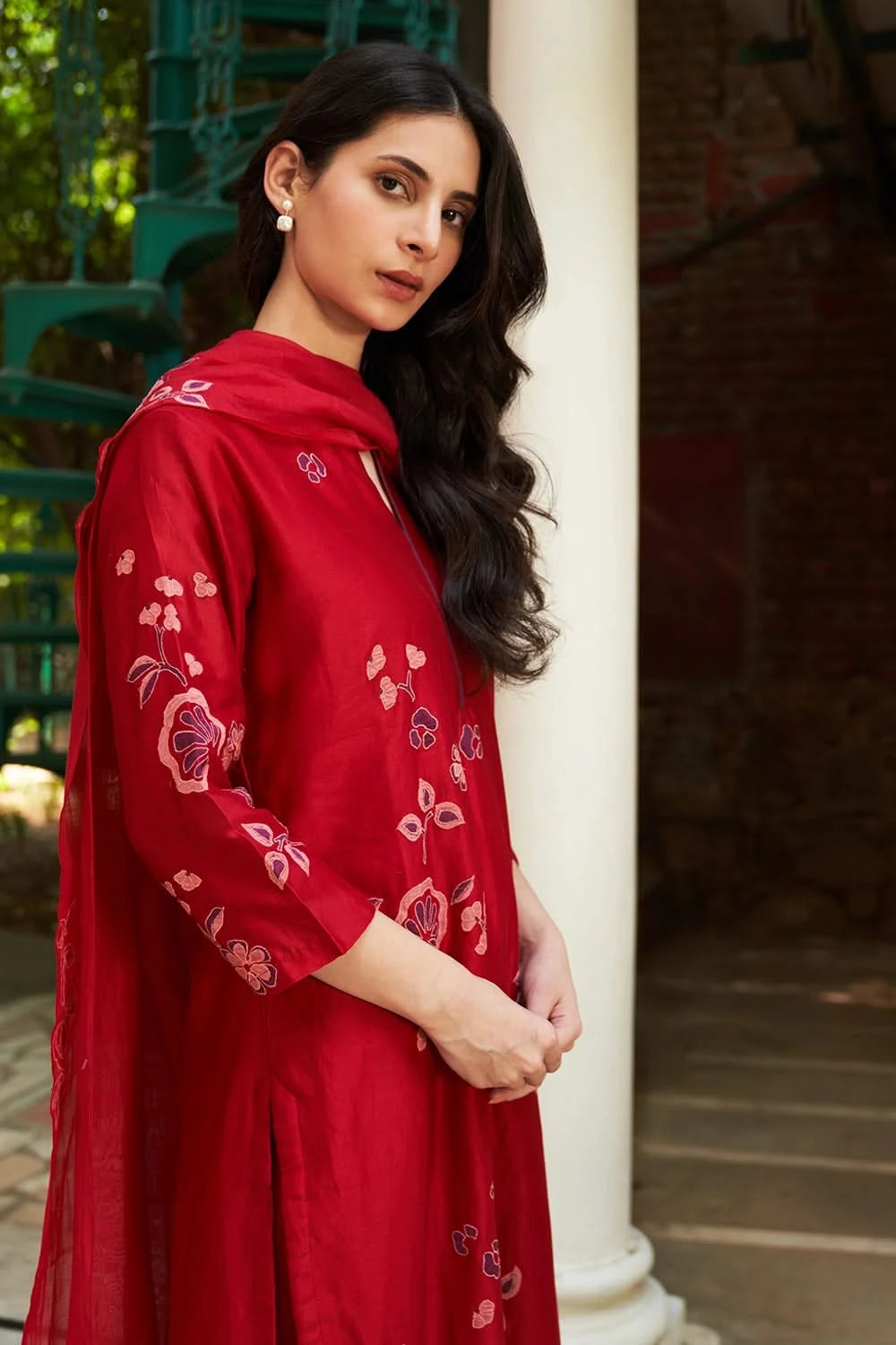 Crimson Floral Applique Kurta Set