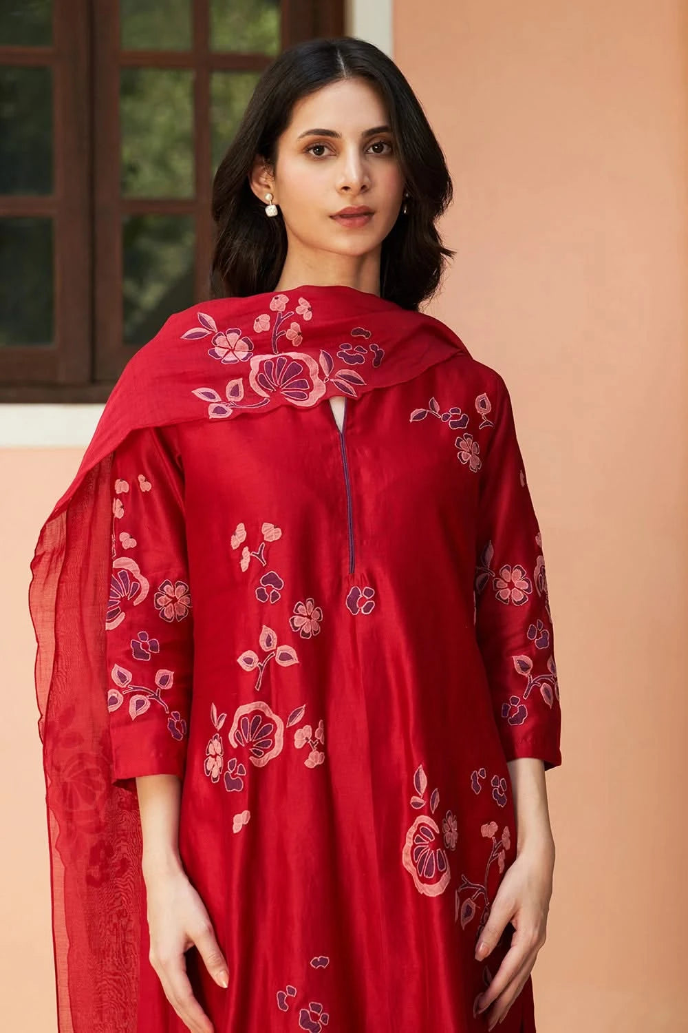 Crimson Floral Applique Kurta Set