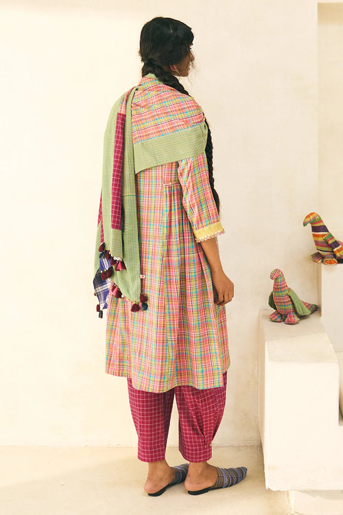 Punch Pink Check Flora Kurta Set