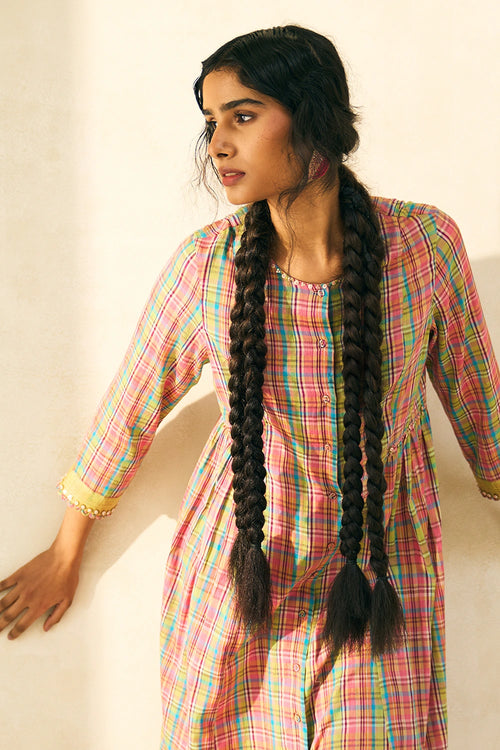 Punch Pink Check Flora Kurta Set