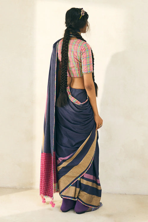 Twilight Blue Lila Sari With Puch Pink Tony Blouse