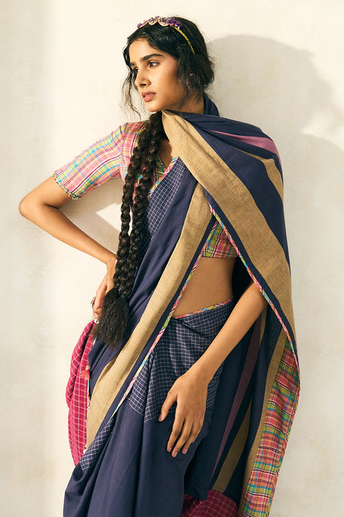 Twilight Blue Lila Sari With Puch Pink Tony Blouse