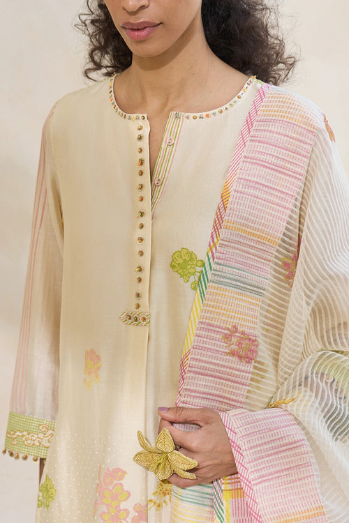 Oyster White Jinger Kurta With Jesey Pants And Echo Dupatta