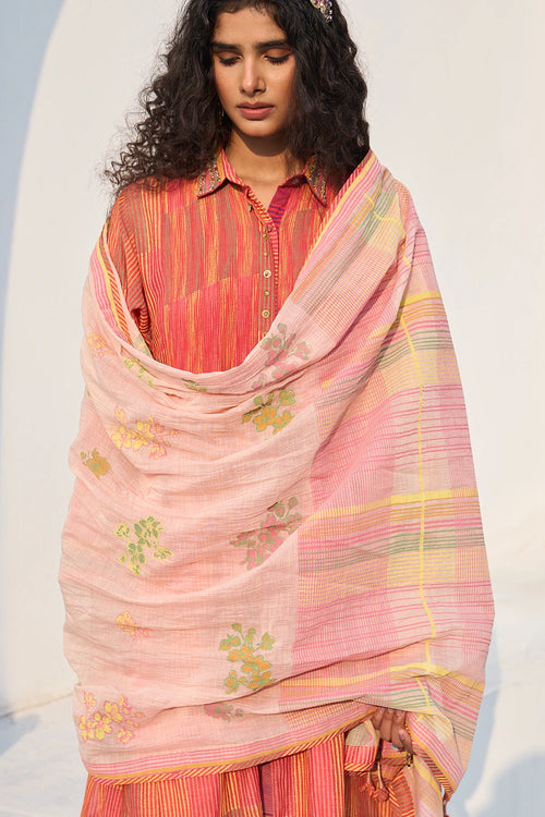 Tropical Coral Sia Kurta With Wee Pants And Kiki Dupatta