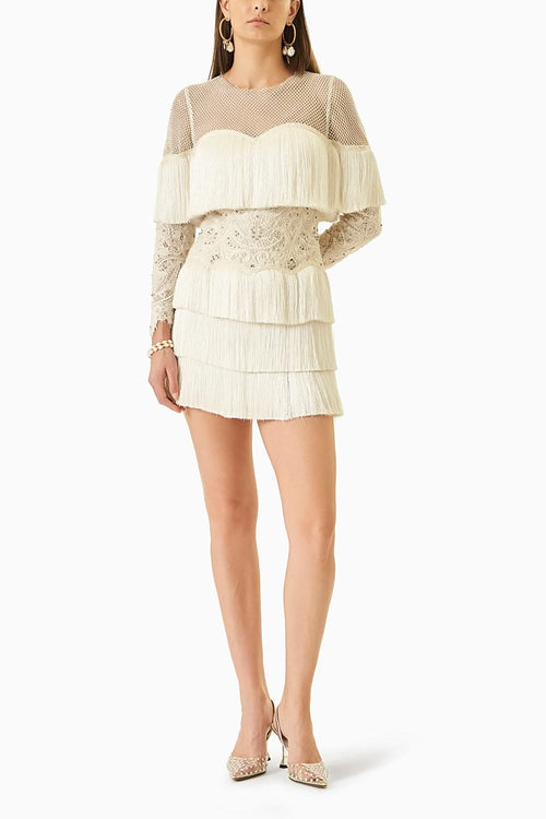 White Fringes Short Dress with Full Sleeves