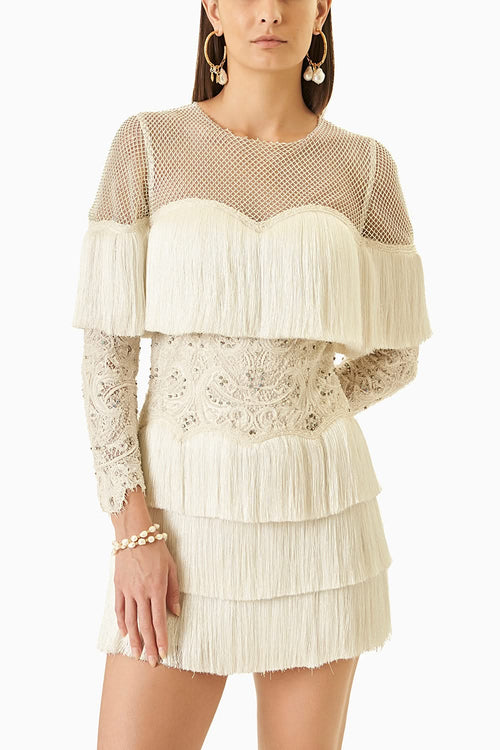 White Fringes Short Dress with Full Sleeves