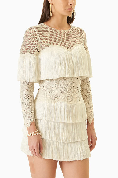 White Fringes Short Dress with Full Sleeves