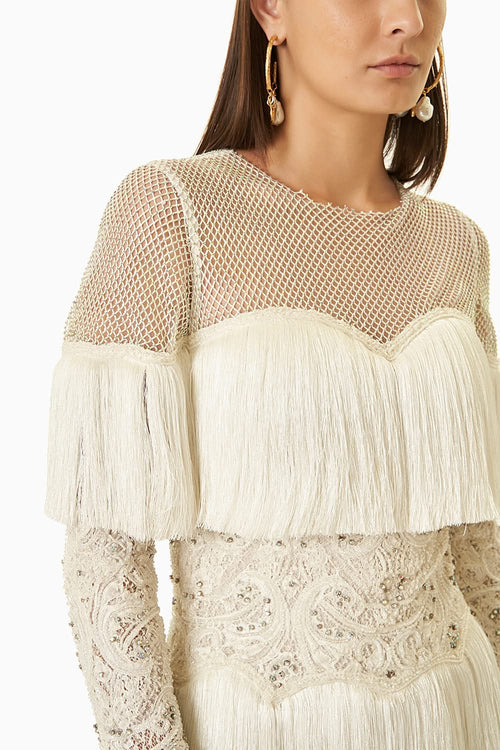 White Fringes Short Dress with Full Sleeves