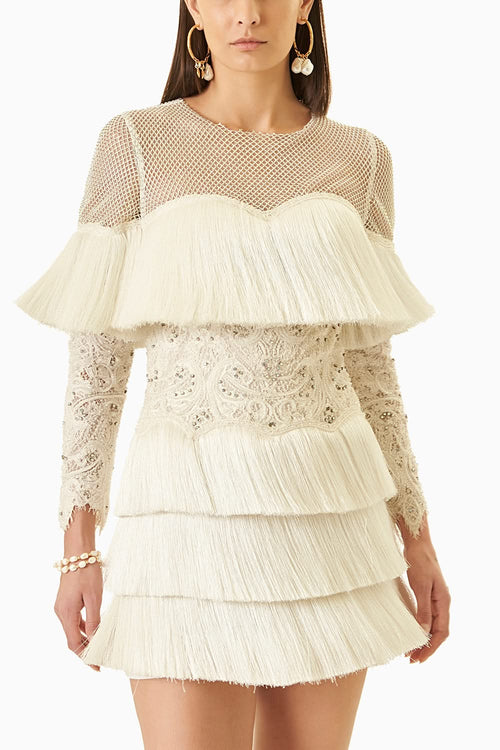White Fringes Short Dress with Full Sleeves