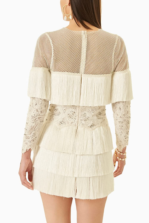 White Fringes Short Dress with Full Sleeves