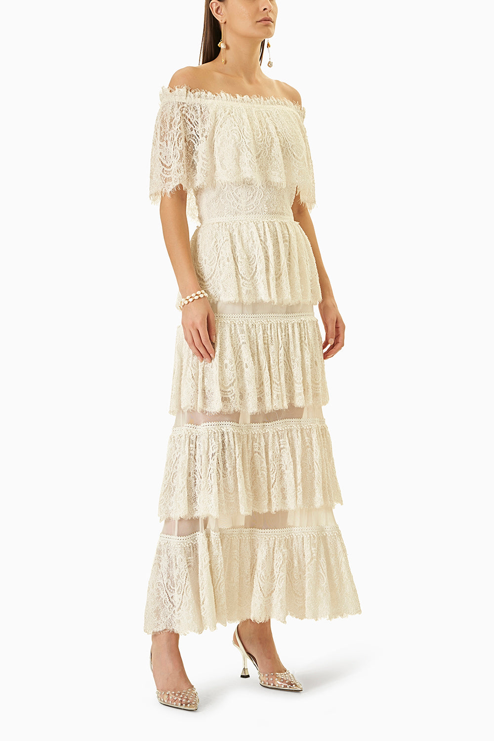 White Lace Full Embroidered Layered Dress