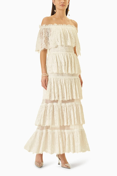 White Lace Full Embroidered Layered Dress