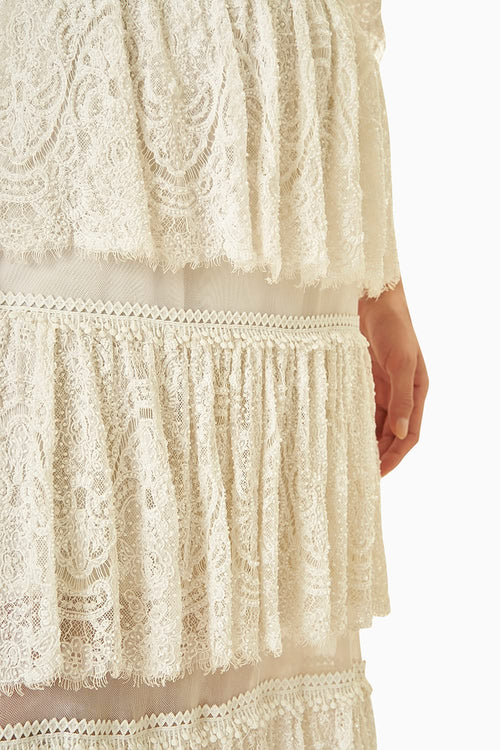White Lace Full Embroidered Layered Dress