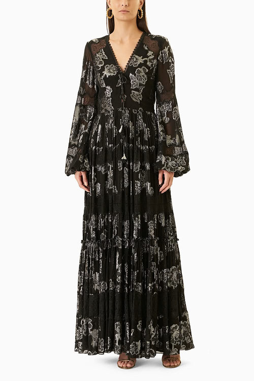 Black With Silver Roses Lurex Long Dress