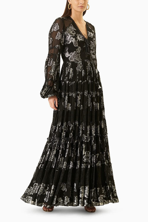 Black With Silver Roses Lurex Long Dress