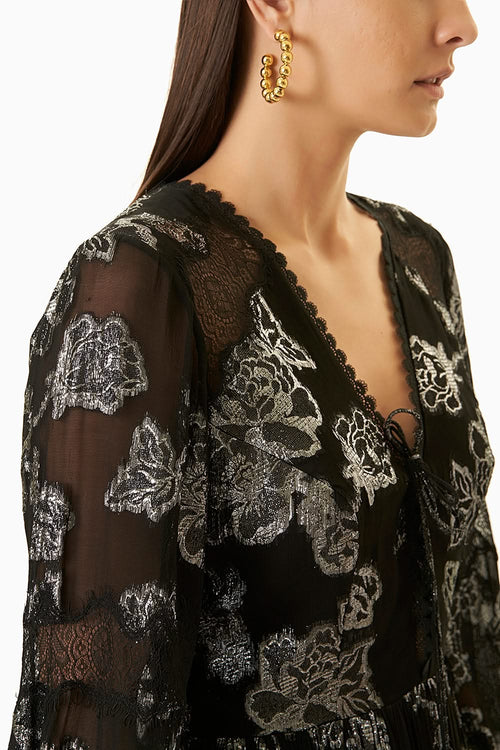 Black With Silver Roses Lurex Long Dress
