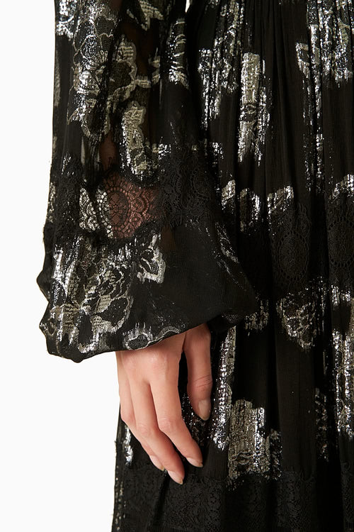 Black With Silver Roses Lurex Long Dress