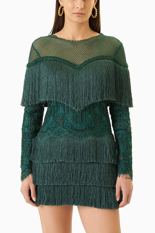 Bottle Green Fringes Short Dress