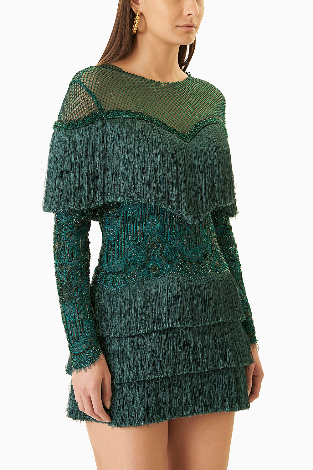 Bottle Green Fringes Short Dress