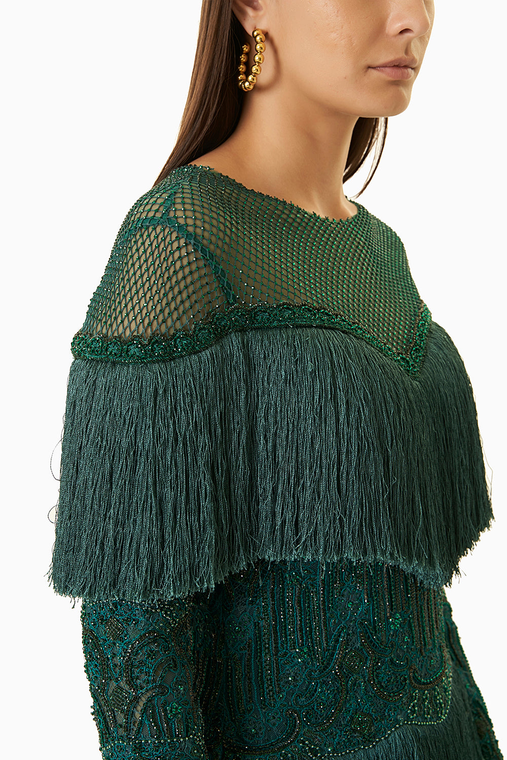 Bottle Green Fringes Short Dress