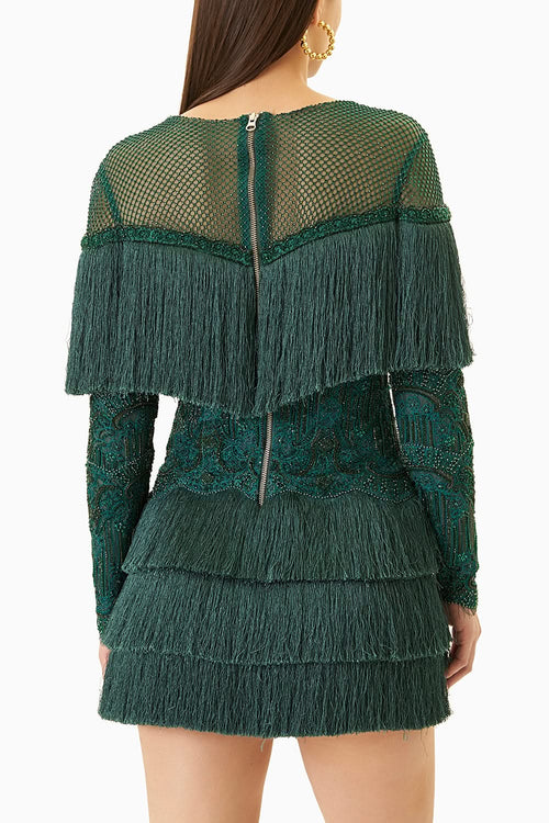 Bottle Green Fringes Short Dress