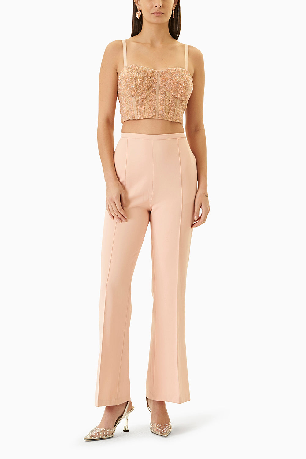 Peach Embellished Jacket With Bustier And Pants