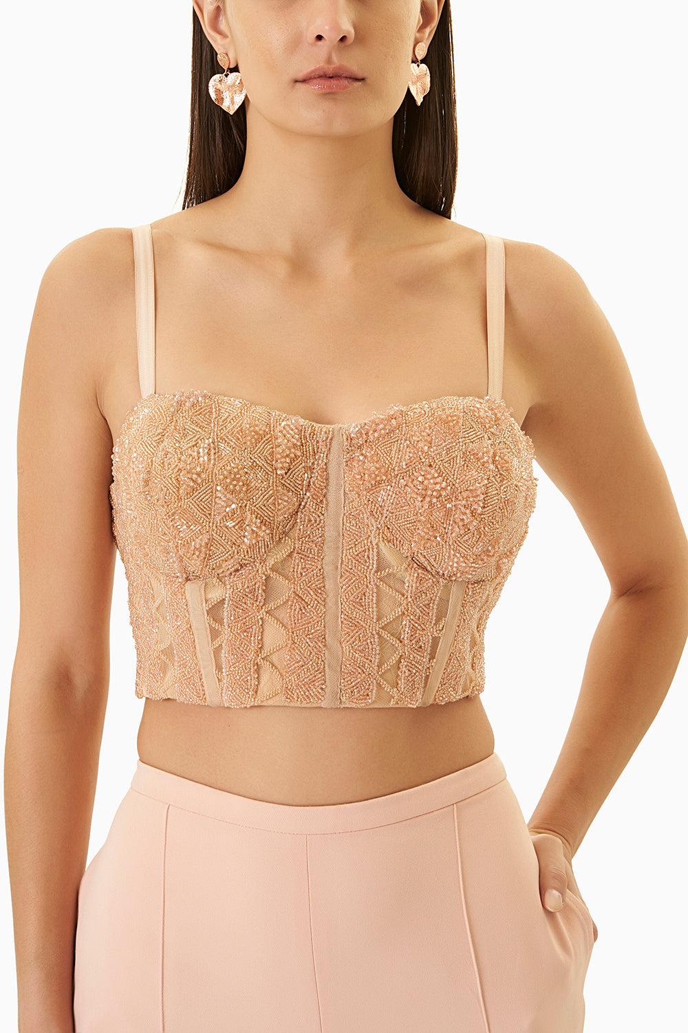 Peach Embellished Jacket with Bustier and Pants