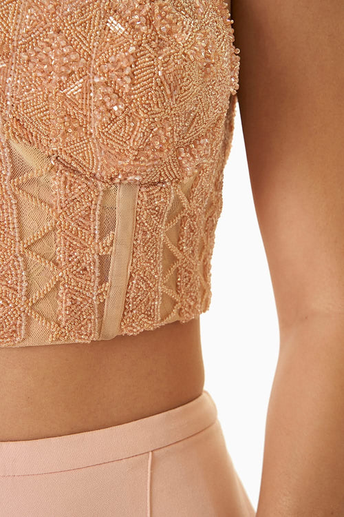 Peach Embellished Jacket with Bustier and Pants