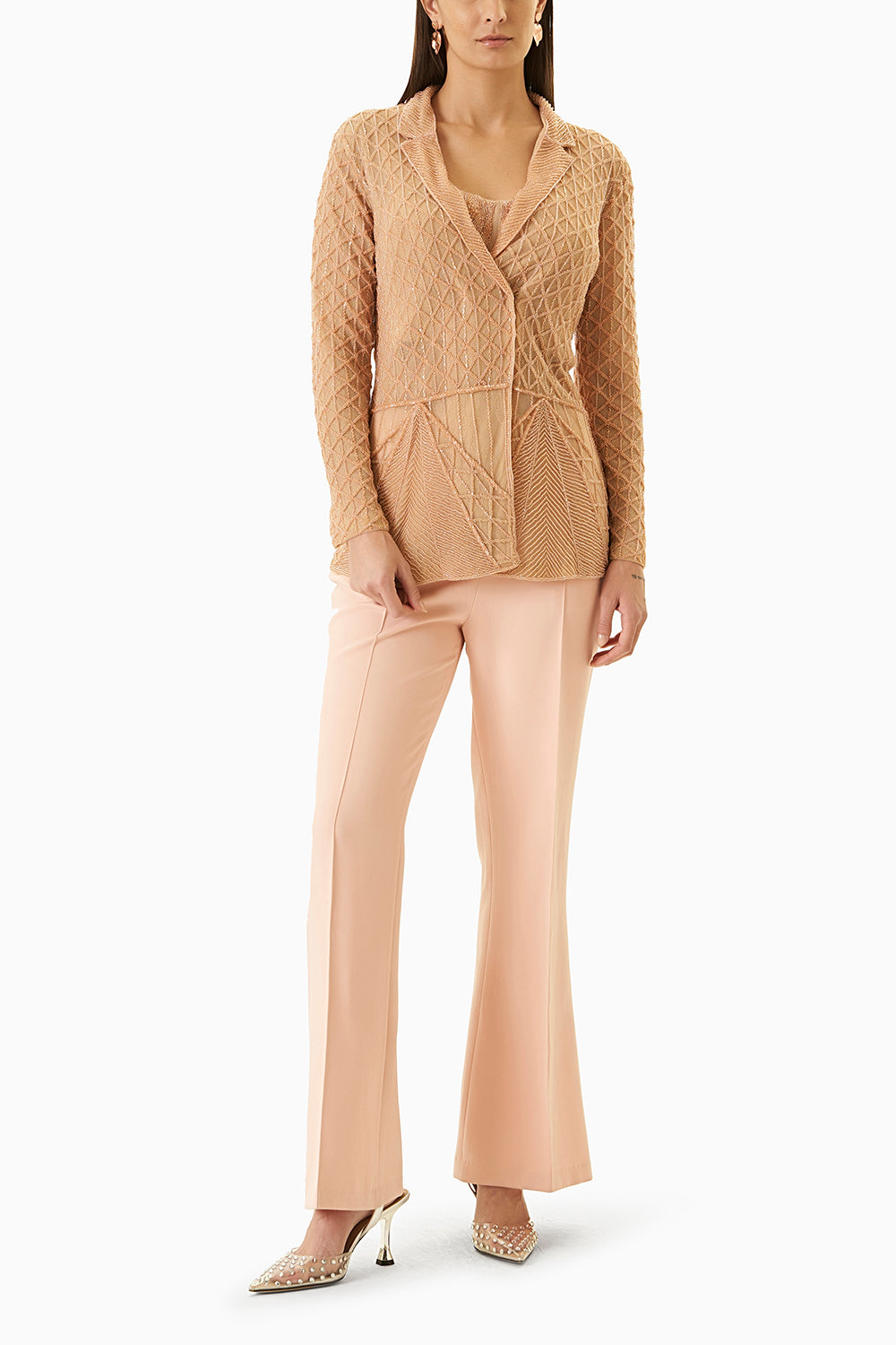 Peach Embellished Jacket With Bustier And Pants