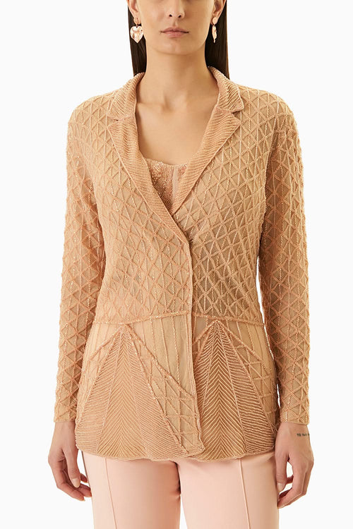 Peach Embellished Jacket with Bustier and Pants