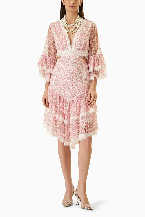 White and Pink Printed Short Dress with Waist Cut
