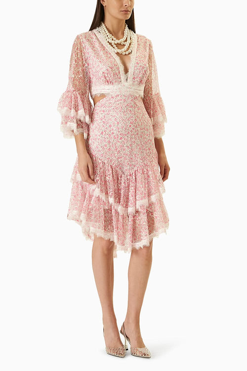 White and Pink Printed Short Dress with Waist Cut