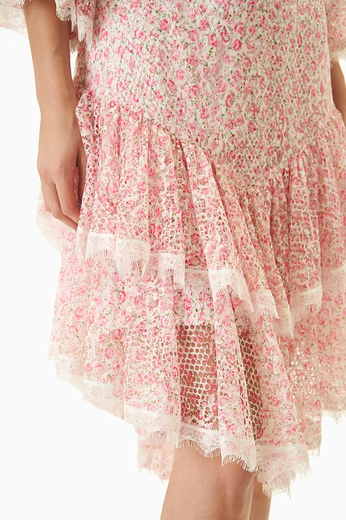 White and Pink Printed Short Dress with Waist Cut