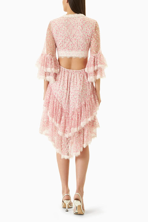 White and Pink Printed Short Dress with Waist Cut