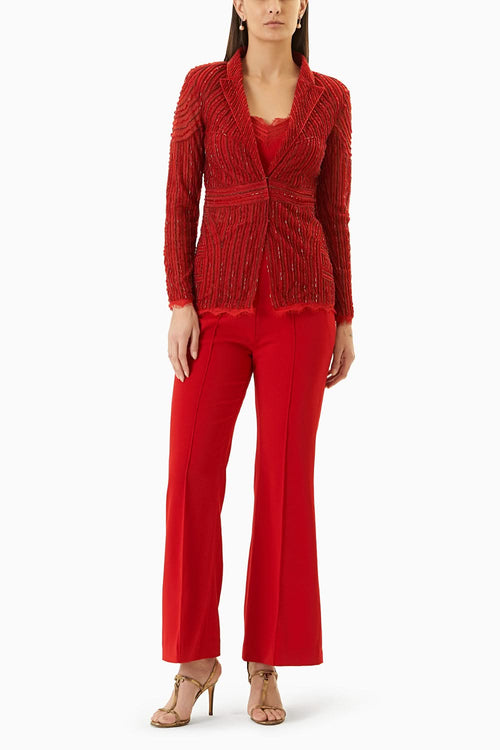 Red Embellished Jacket with Silk Camisole and Pants