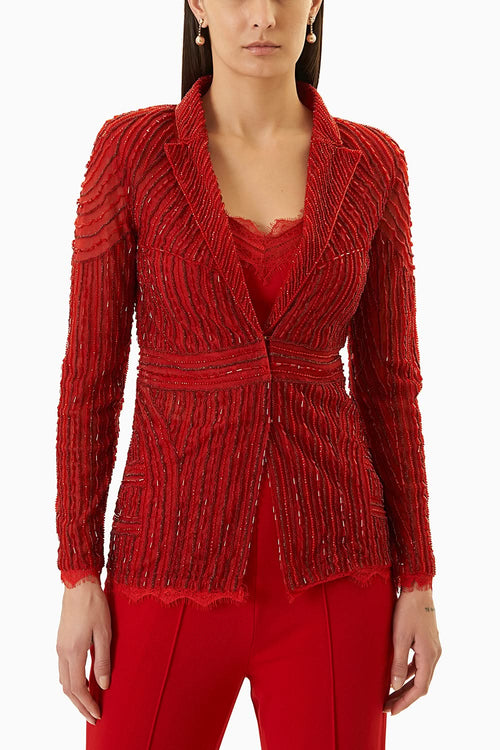 Red Embellished Jacket with Silk Camisole and Pants