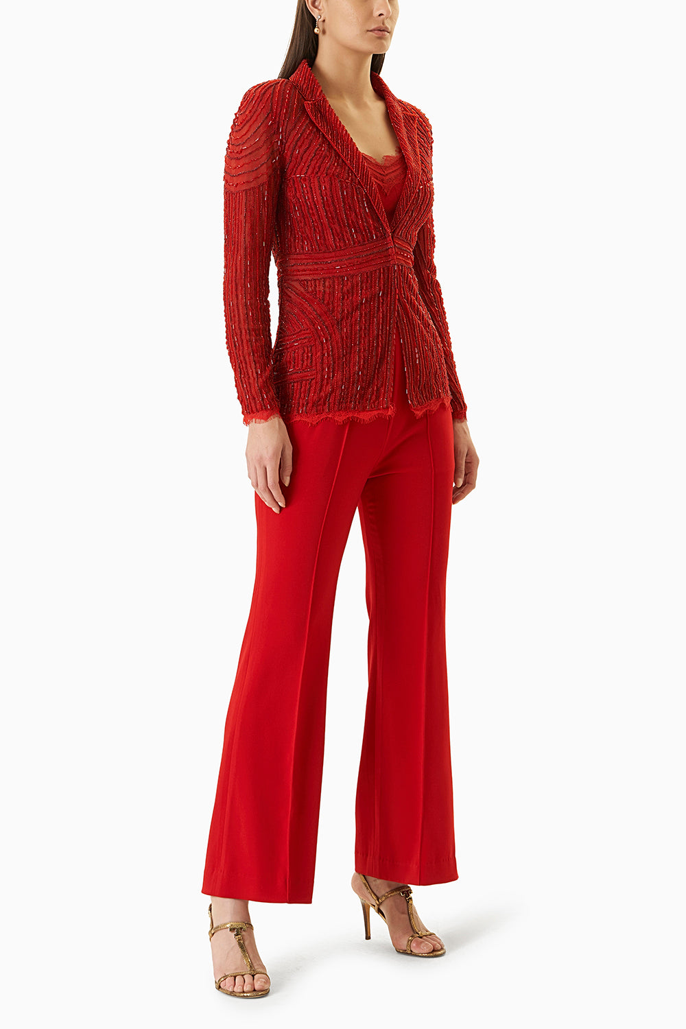 Red Embellished Jacket With Silk Camisole And Pants