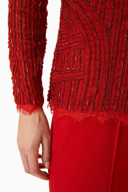 Red Embellished Jacket with Silk Camisole and Pants