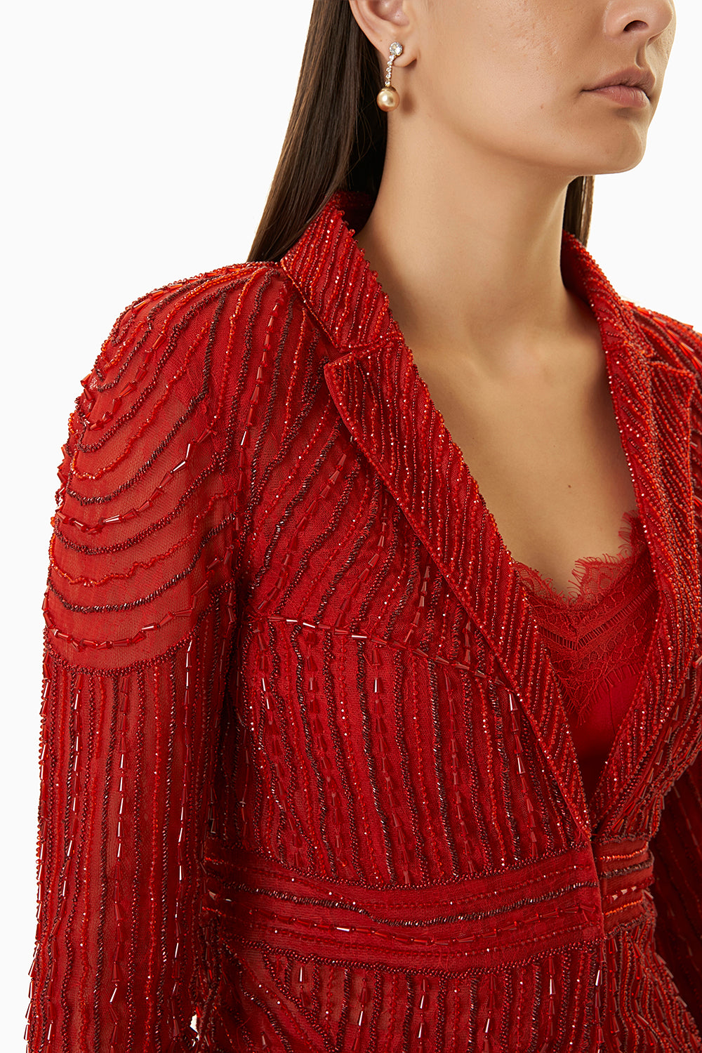 Red Embellished Jacket With Silk Camisole And Pants