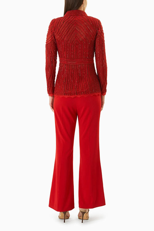 Red Embellished Jacket with Silk Camisole and Pants
