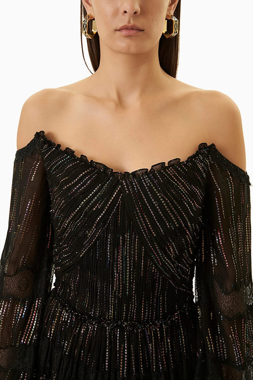 Black Off Shoulder Lurex Short Dress